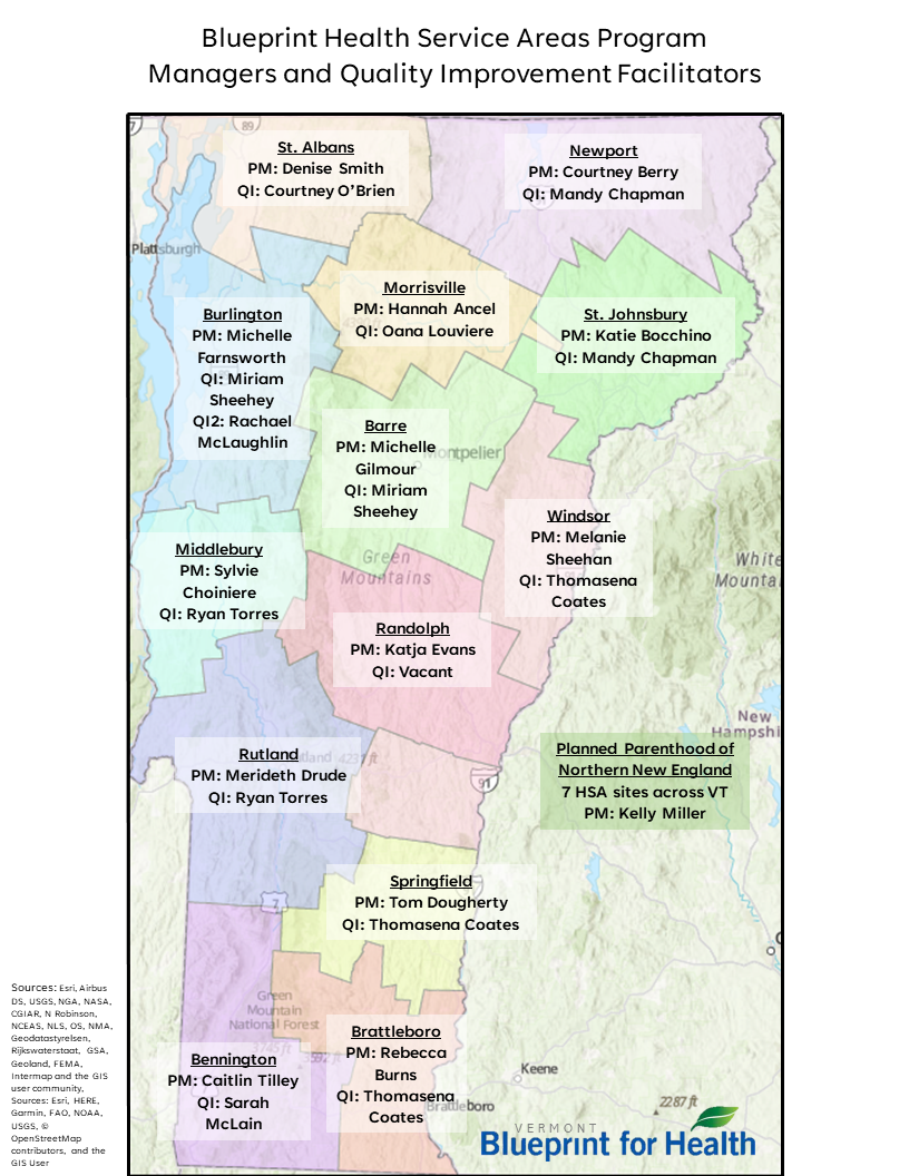 Blueprint Health Service Areas Program Managers and Quality Improvement Facilitators Map